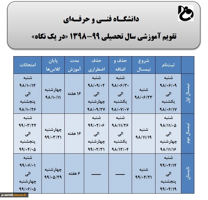 تقویم آموزشی دانشگاه فنی و حرفه ای در سال تحصیلی 99-98