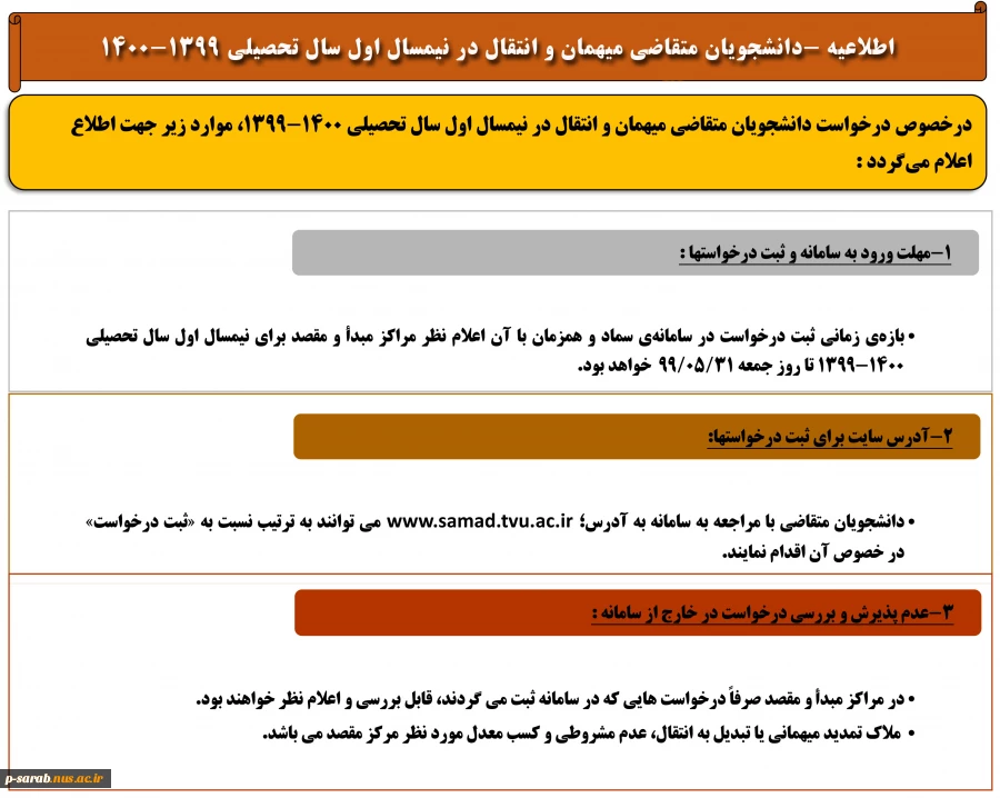 دانشجویان متقاضی میهمان و انتقال در نیمسال اول سال تحصیلی 1400-1399 2