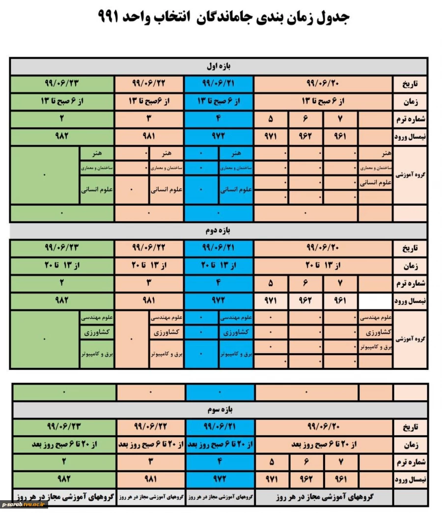 جدول زمانبندی جاماندگان انتخاب واحد 991 2